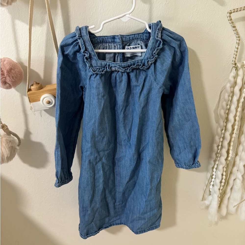 Old Navy Blue Chambray Ruffle-Neck Girls' Casual Dress